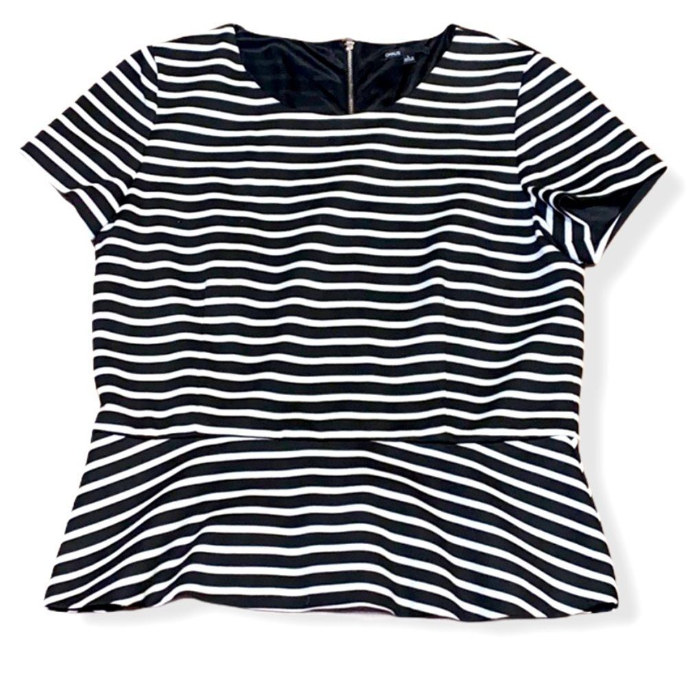 Chaus Peplum Ponte Knit Top Black & White Striped